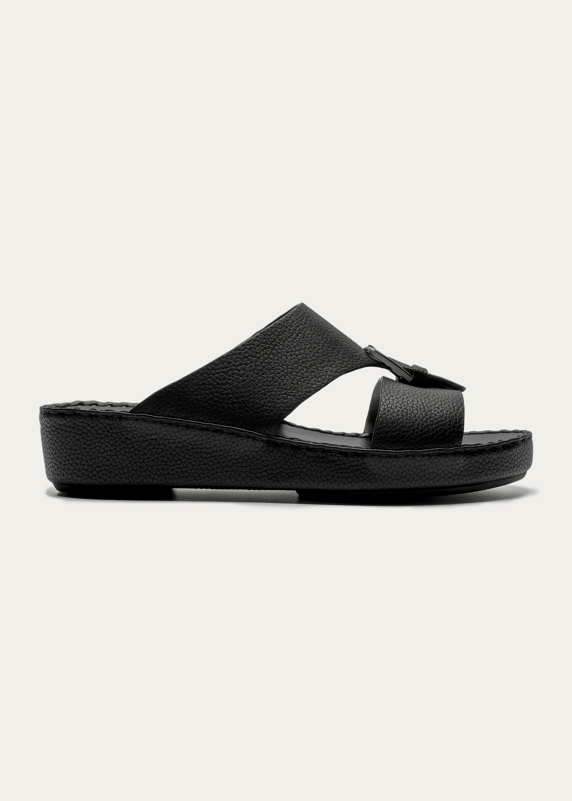 Belt Buckle Grain Leather Sandals-Super Soft Series-Deep Black