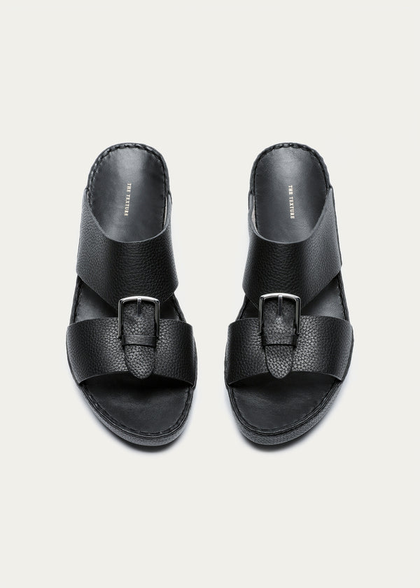 Belt Buckle Grain Leather Sandals-Super Soft Series-Deep Black