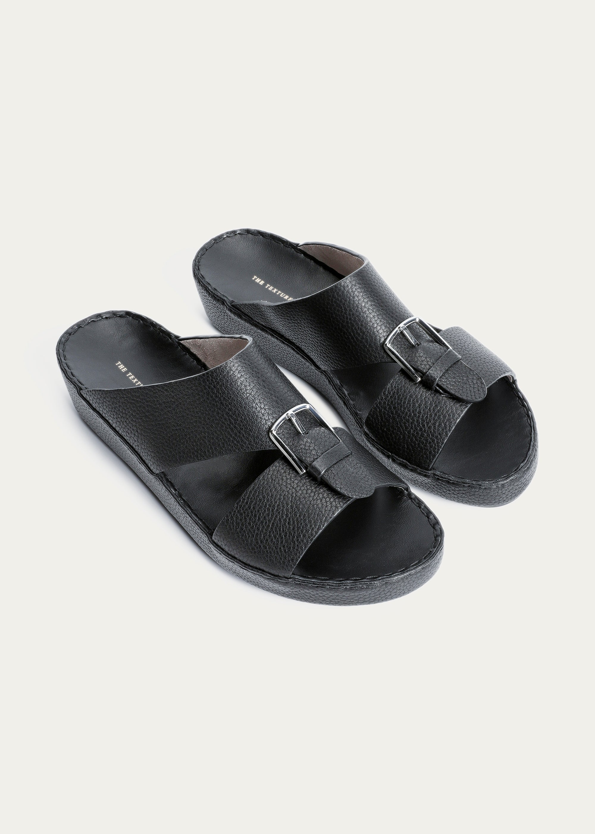 Belt Buckle Grain Leather Sandals-Super Soft Series-Deep Black