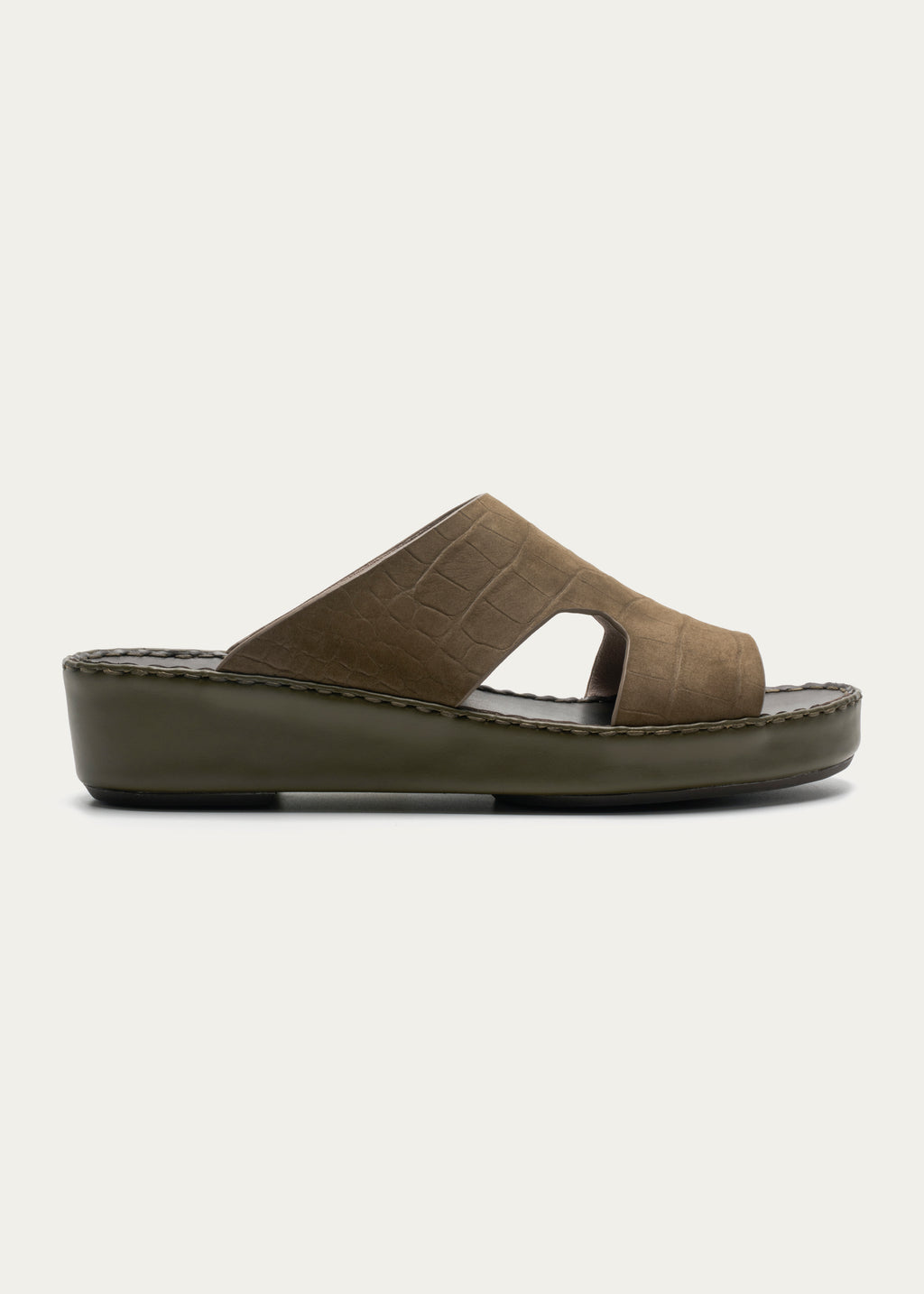 Calf Leather Sandals-Croc Print Nubuck Series-Olive Green