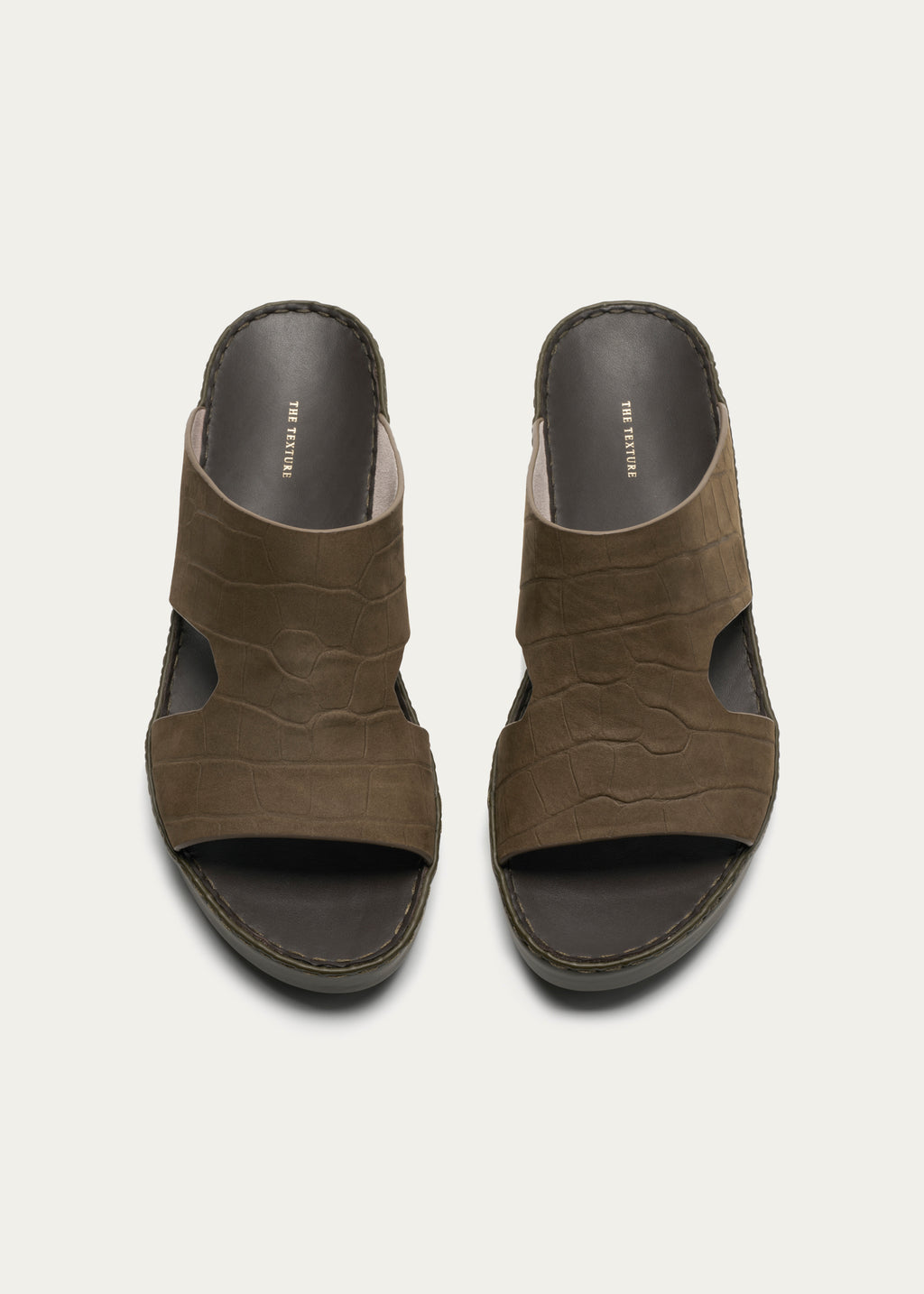 Calf Leather Sandals-Croc Print Nubuck Series-Olive Green