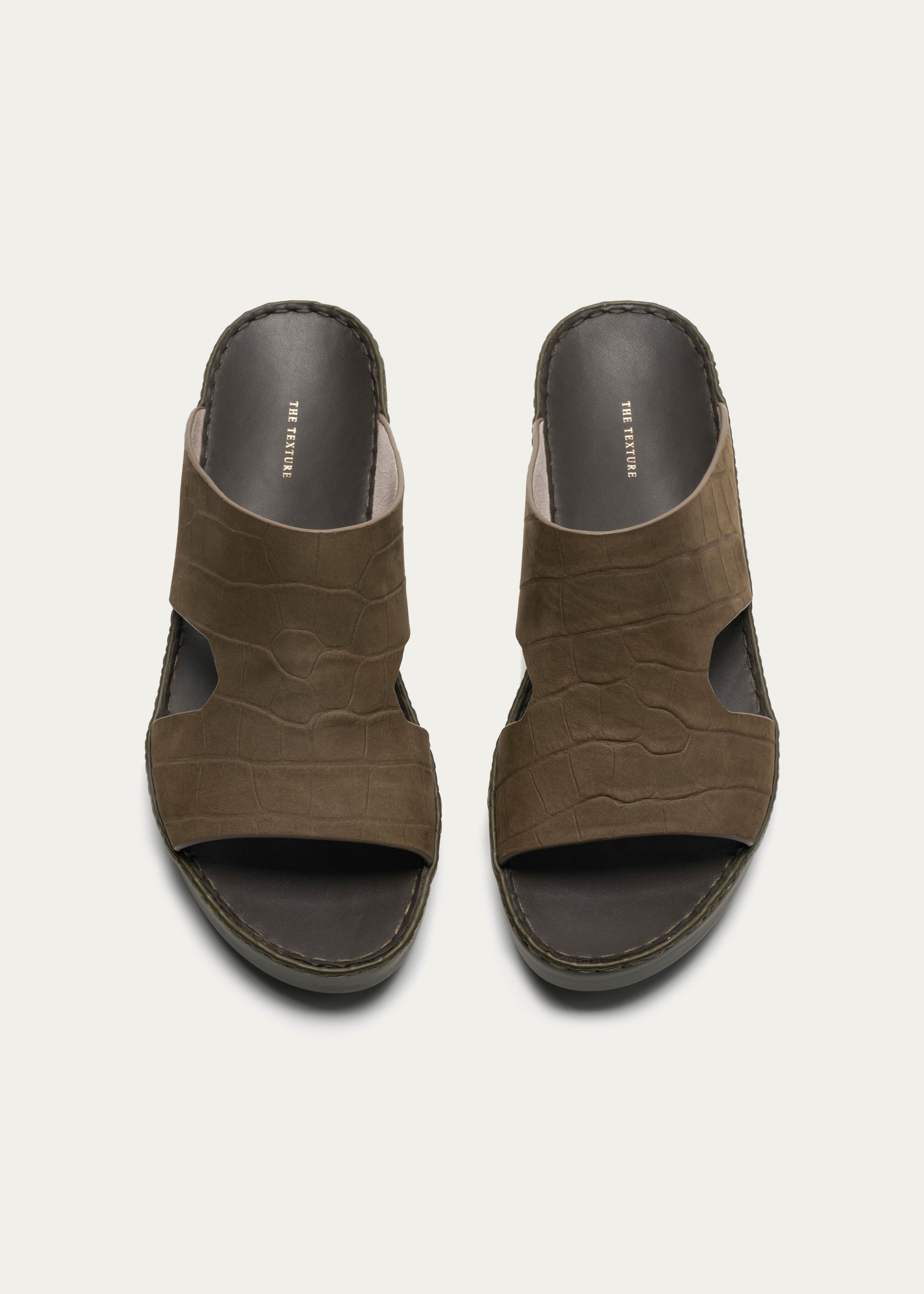 Calf Leather Sandals-Croc Print Nubuck Series-Olive Green