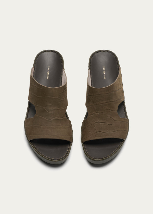 Calf Leather Sandals-Croc Print Nubuck Series-Olive Green